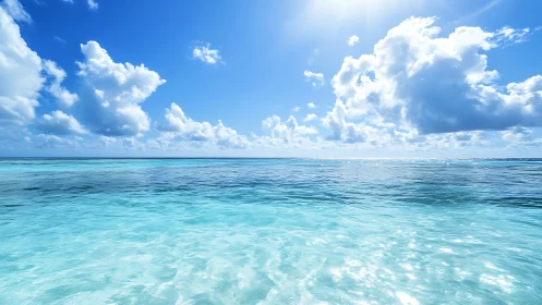 Sunlit tropical sea stretches beneath bright cumulus sky