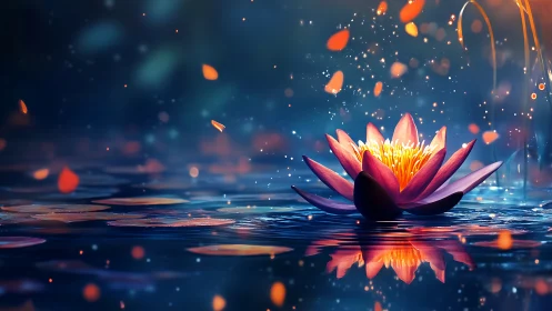 Lotus flower floats on reflective water with glowing petals