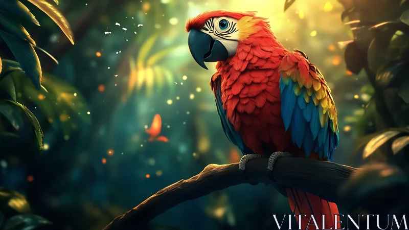 Vibrant Scarlet Macaw Perched in Lush Jungle, Digital Art Style.