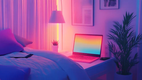 Neon twilight tucks a pastel laptop into cozy bedroom glow