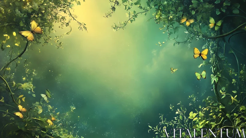 Golden butterflies drift through glowing emerald forest haze.