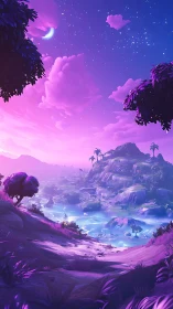 Violet fantasy valley under starry crescent night sky.