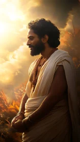 Mystic sage bathed in golden divine sunset light.