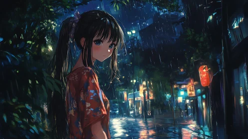 Rain-soaked anime street scene with reflective neon lights.