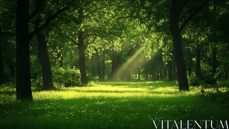Sunlit clearing in dense green forest with soft light rays.