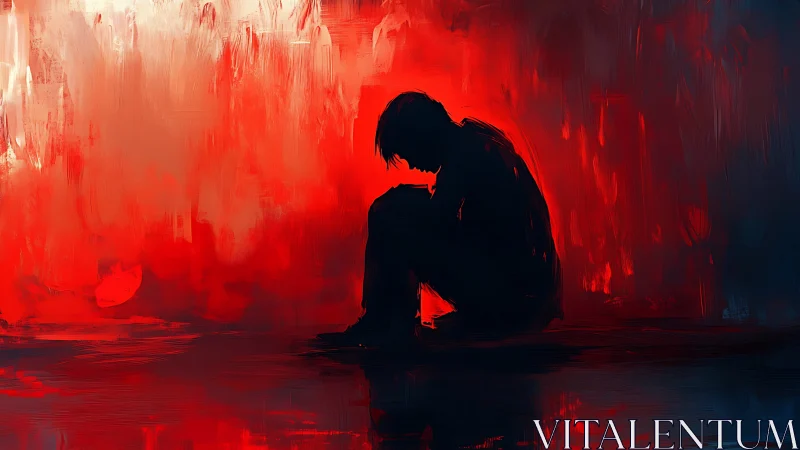 Silhouetted figure in red abstract field conveys isolated despair