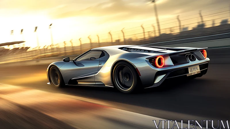 Sunlit silver supercar racing into the golden evening.