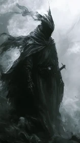 Hooded humanoid figure stands in swirling monochrome mist