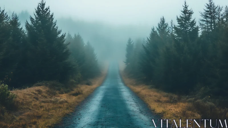 Misty Forest Road Stretches Through Towering Pine Trees