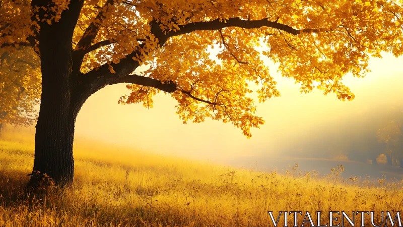 Golden autumn tree glows over sunlit meadow at sunrise