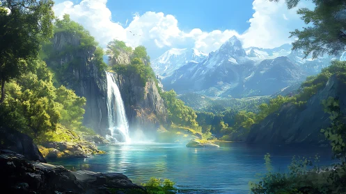 Sunlit waterfall valley cradled beneath dreaming peaks.