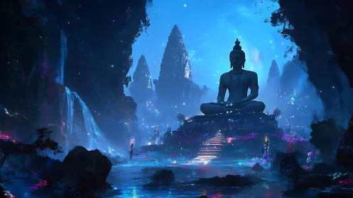 Luminescent canyon temple with colossal meditative Buddha statue