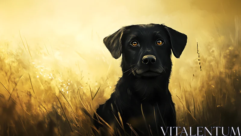 Black dog sits in tall golden grass under warm light