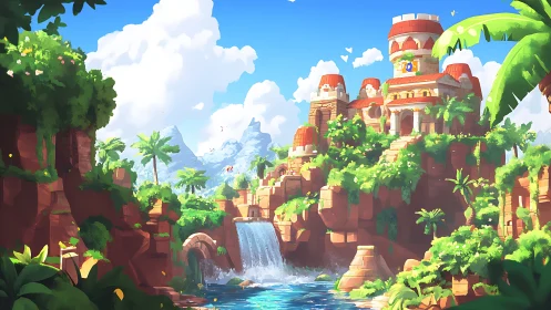 Desert Palace Landscape with Waterfall and Lush Vegetation.