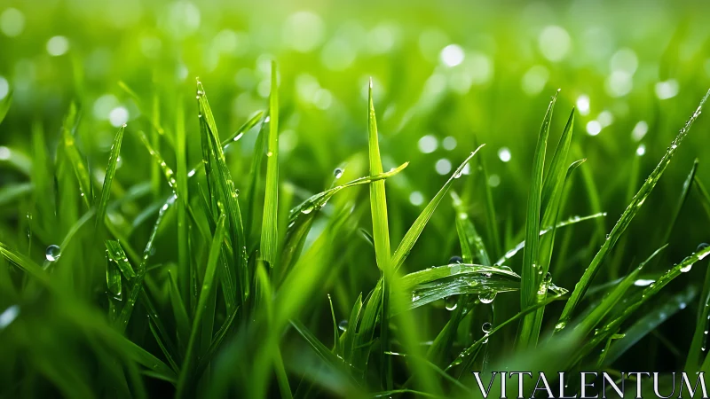 Macro depth-of-field study of dew-covered green grass blades