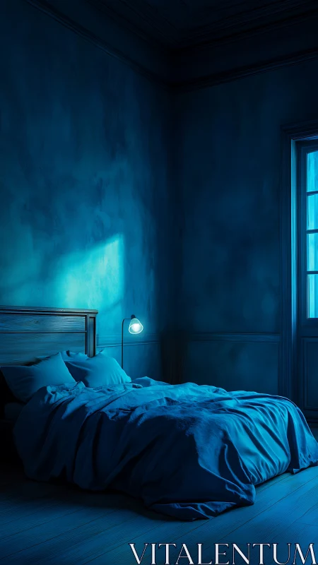 Soft blue bedroom rests in gentle moonlit nighttime calm