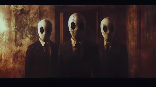 Masked faceless figures in suits within decayed corridor.