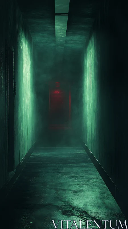 Moody green corridor leading toward distant red doorway.