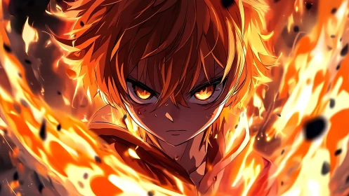 Fierce fire wielder framed in swirling orange embers.