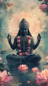 Blue-skinned meditative deity amid luminous lotus water halo