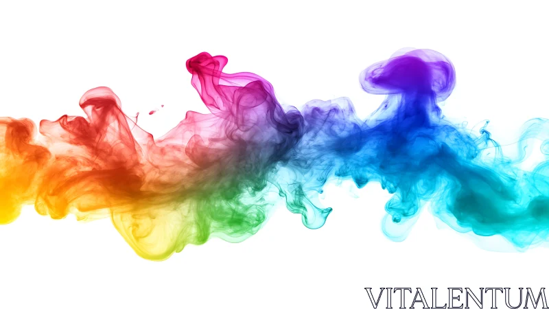 Multicolor pigment clouds in fluid motion on white background.