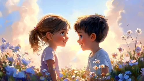 Two Children Share a Joyful Moment in a Dreamy Wildflower Meadow