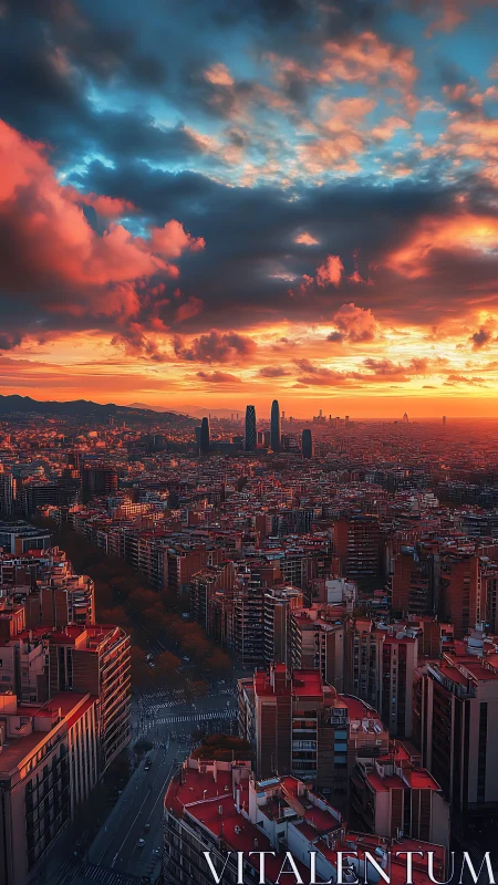 Sunset storm clouds burn above dense modern city grid.