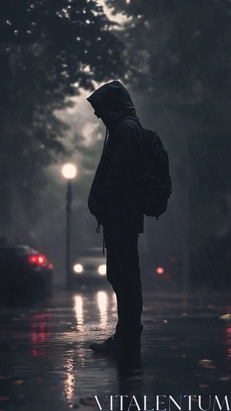 Hooded night wanderer pausing in soft city rain glow.