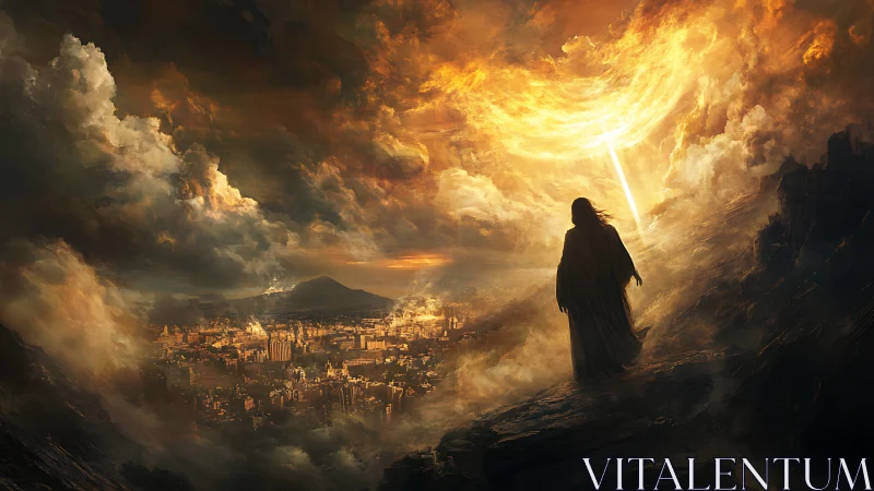 Cloaked watcher beneath a burning sky over trembling city.