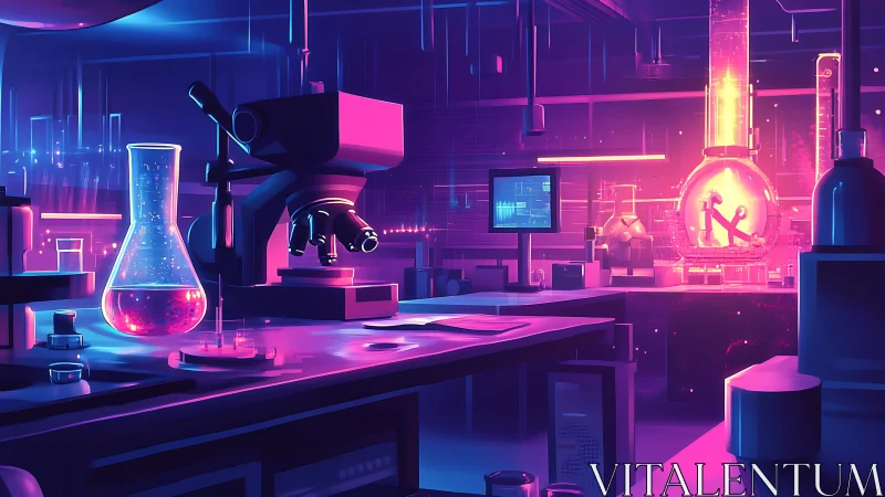 Neon lit futuristic laboratory with microscope and flasks.