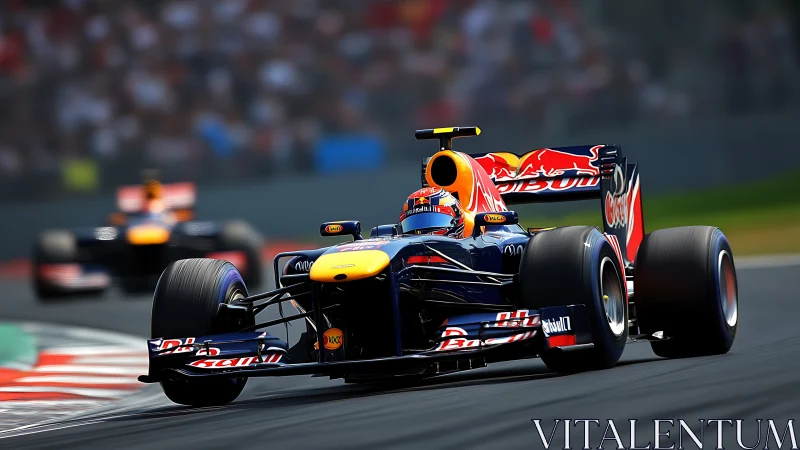 Formula 1 car leads fast corner with rival in background