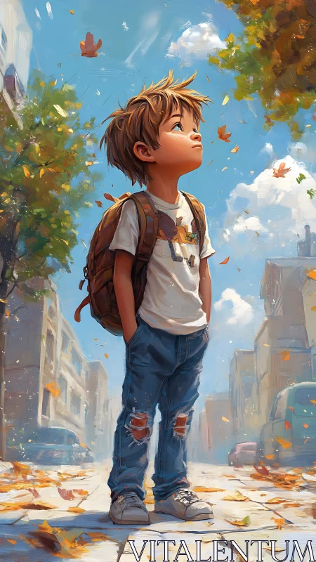 Young boy with backpack standing in sunny autumn street.