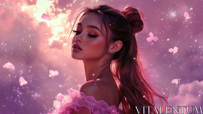 Softly glowing dreamer drifts among pink celestial butterflies