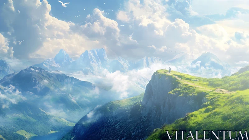 Skyline wanderers on a sunlit cliff of drifting dreams.