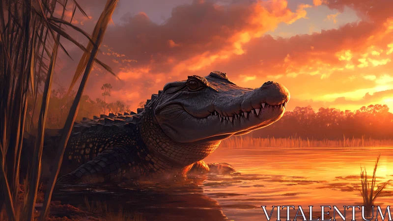 Crocodile emerges through molten sunset wetland light.