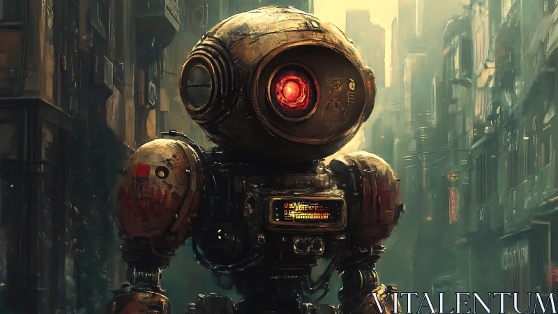 Weathered monocular robot patrols dense cyberpunk alleyway alone