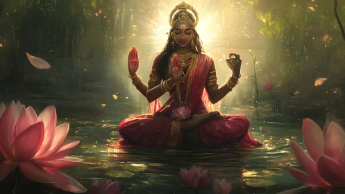 Divine multi-armed goddess meditating amid volumetric lotus light