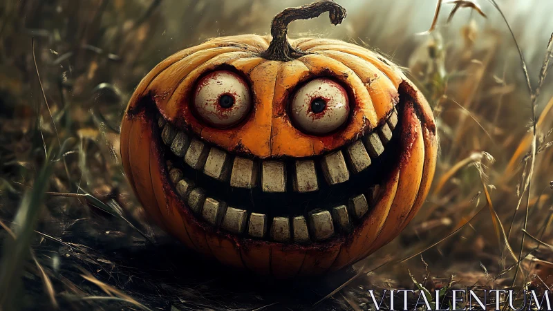 Grinning pumpkin monster shares a wickedly playful stare