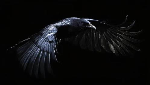 Midnight raven glides through shadow with gleaming wings.