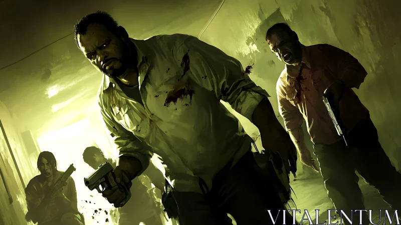 Grim survivors push forward through a tense zombie corridor