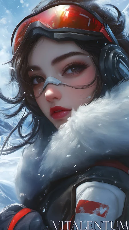 Snowlit voyager steadies her gaze across the frozen gale