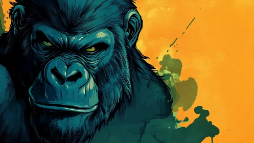 Powerful teal gorilla stares intensely against orange field.