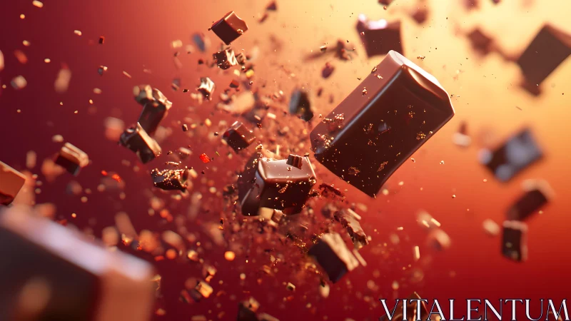 Exploding Chocolate Pieces in Motion Against Warm Gradient Background.