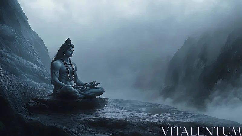 Serene blue deity meditating quietly in misty mountains.