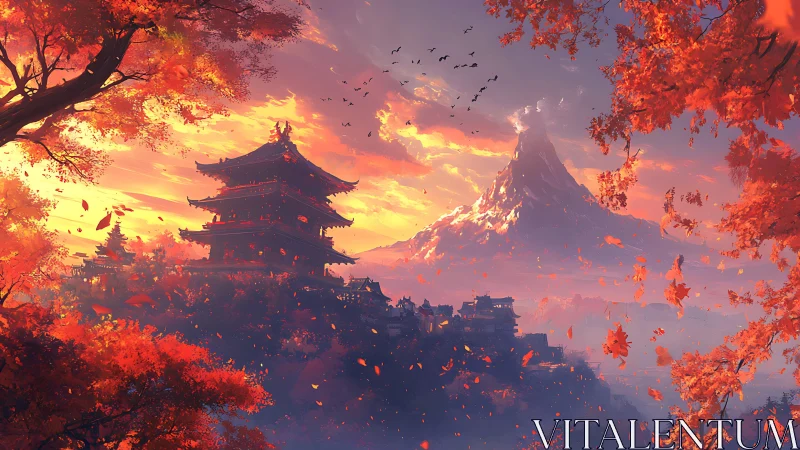 Autumnal mountain temple skyline rendered in cinematic digital painting