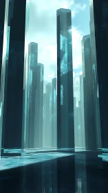 Futuristic Architecture with Tall Structures and Water Reflections.
