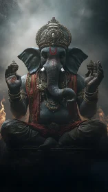 Elephant-headed deity statue in ornate ceremonial attire.