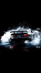 Midnight drift machine shredding water on obsidian asphalt.