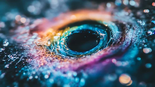 Macro liquid vortex with iridescent bokeh and radial refraction