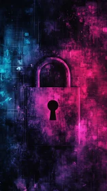 Cyber lock icon over grunge neon blue and pink background.